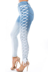 Light Denim Color Block Side Lace Up Skinny Jeans king-general-store-5710.myshopify.com