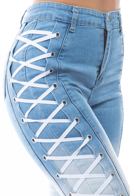 Light Denim Color Block Side Lace Up Skinny Jeans king-general-store-5710.myshopify.com