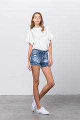 Medium Wash Button Down Mid-Rise Denim Shorts