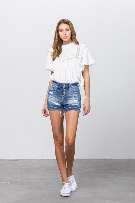 Medium Wash Button Down Mid-Rise Denim Shorts