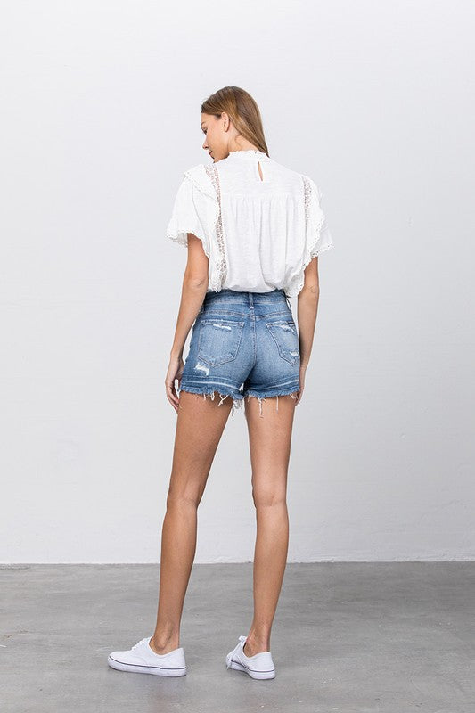 Medium Wash Button Down Mid-Rise Denim Shorts