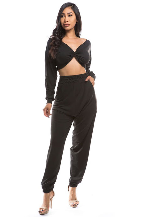 Black Long Sleeve Crop Top Pant Set king-general-store-5710.myshopify.com
