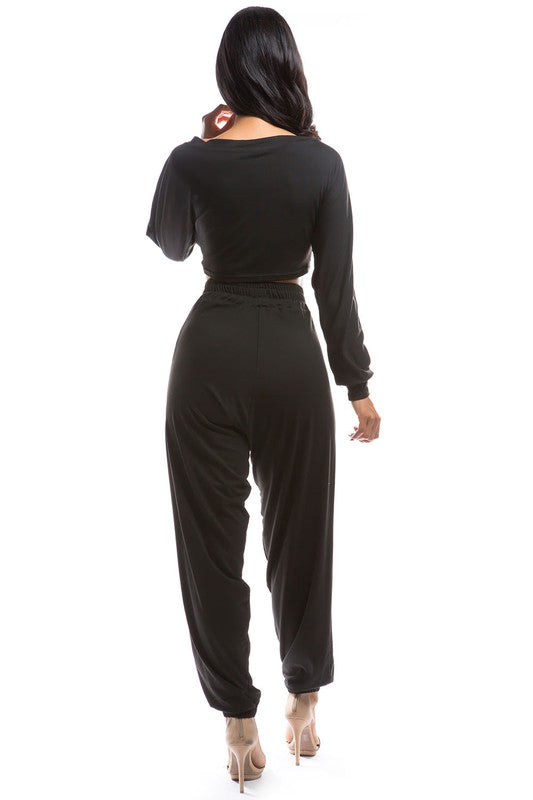 Black Long Sleeve Crop Top Pant Set king-general-store-5710.myshopify.com