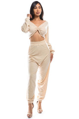 Khaki Long Sleeve Crop Top Casual Pant Set