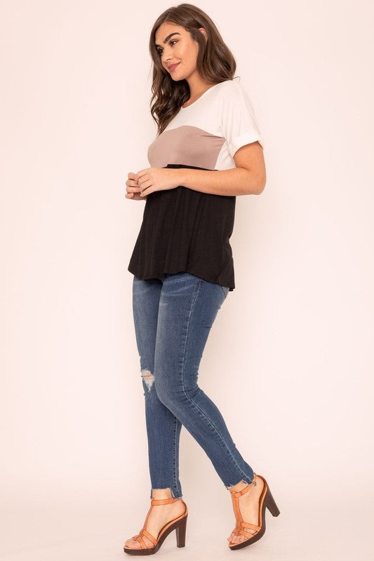 Plus Short Cuff Sleeve Color Block Top