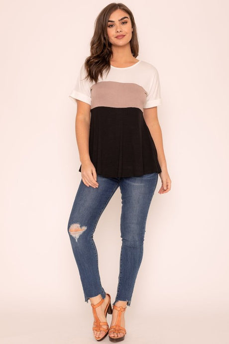 Plus Short Cuff Sleeve Color Block Top