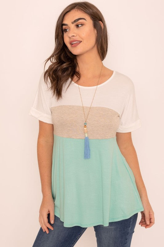 Plus Short Cuff Sleeve Color Block Top