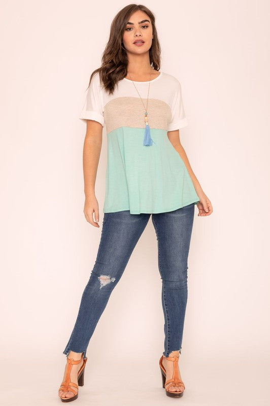 Plus Short Cuff Sleeve Color Block Top