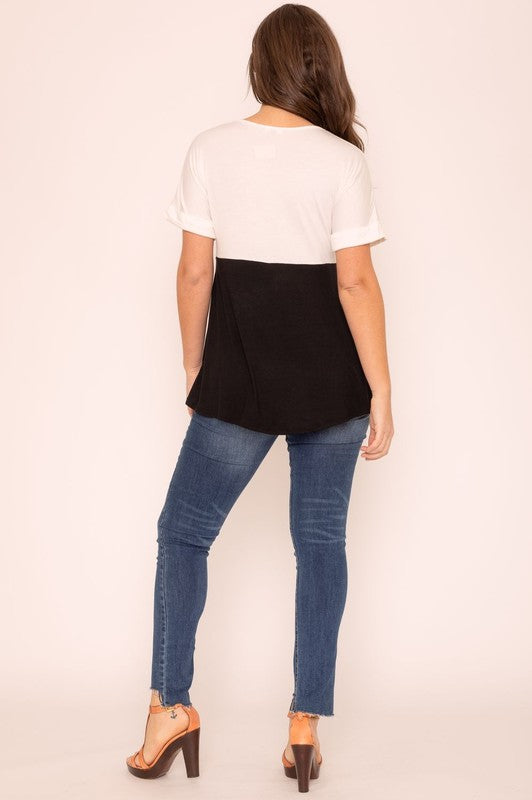 Plus Short Cuff Sleeve Color Block Top