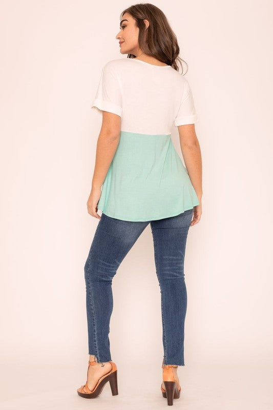 Plus Short Cuff Sleeve Color Block Top