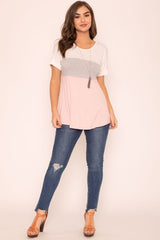 Plus Short Cuff Sleeve Color Block Top