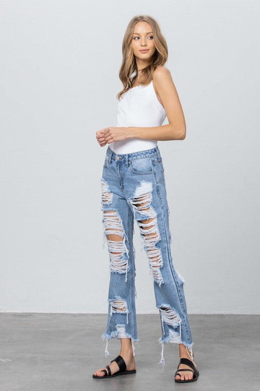 Heavy Destroyed Light Wash Straight Denim Jeans