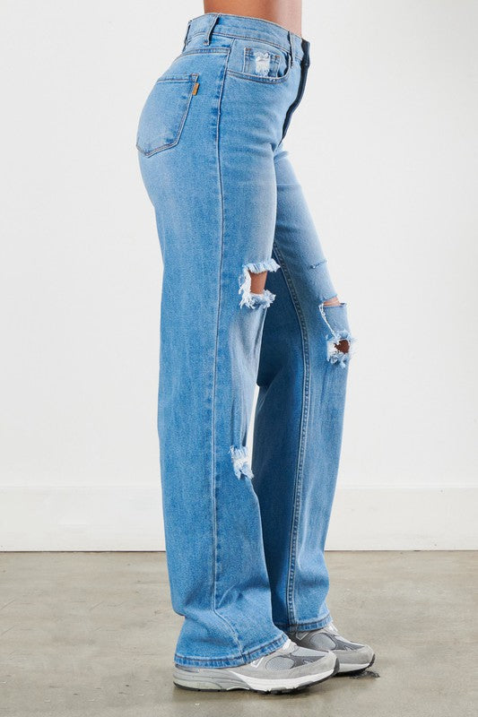 Medium Stone Distressed Wide Leg Jeans king-general-store-5710.myshopify.com