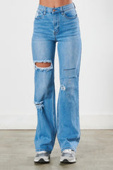 Medium Stone Distressed Wide Leg Jeans king-general-store-5710.myshopify.com