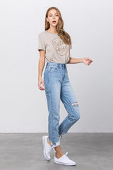 Distressed Fray Hem Medium Wash Denim Jeans