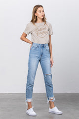 Distressed Fray Hem Medium Wash Denim Jeans