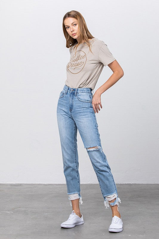 Distressed Fray Hem Medium Wash Denim Jeans