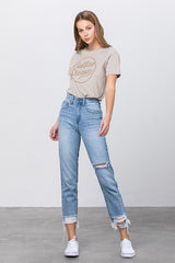 Distressed Fray Hem Medium Wash Denim Jeans