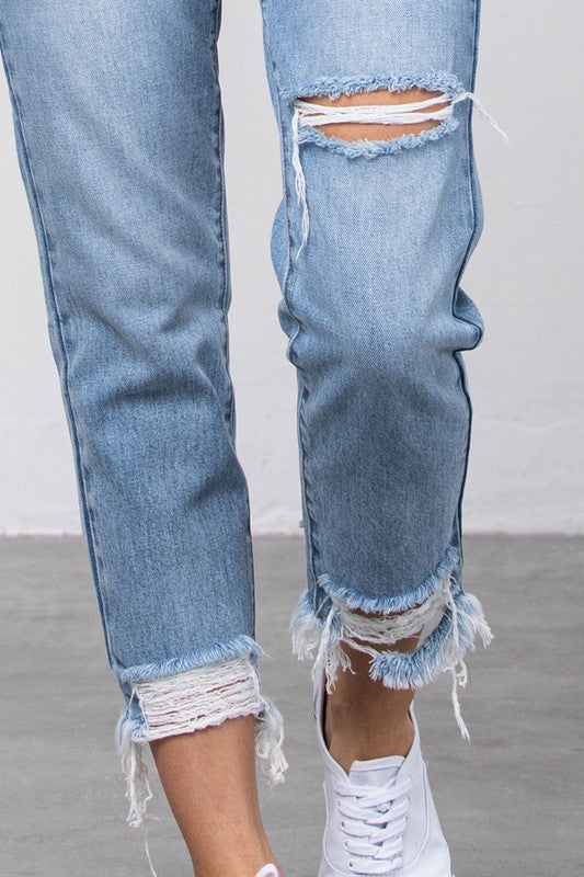 Distressed Fray Hem Medium Wash Denim Jeans