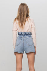 High Waist Elastic Banded Light Denim Shorts