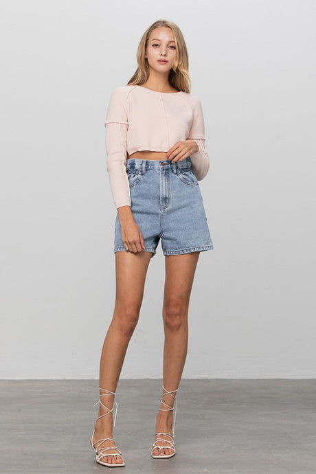 High Waist Elastic Banded Light Denim Shorts