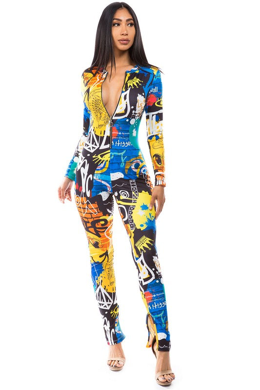 Long Sleeve Multi Print Jumpsuit with Cutout Legs