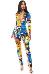 Long Sleeve Multi Print Jumpsuit with Cutout Legs