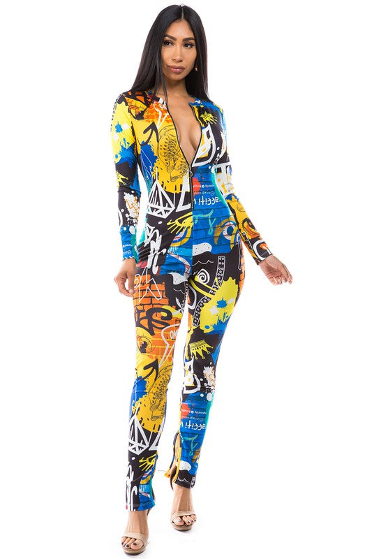 Long Sleeve Multi Print Jumpsuit with Cutout Legs