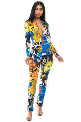 Long Sleeve Multi Print Jumpsuit with Cutout Legs