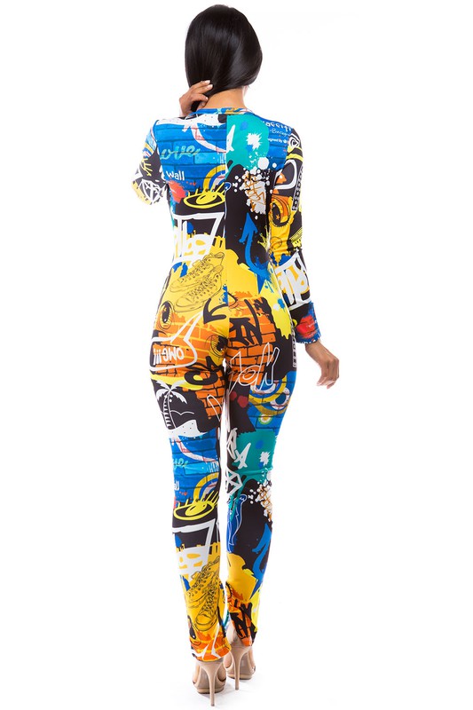 Long Sleeve Multi Print Jumpsuit with Cutout Legs