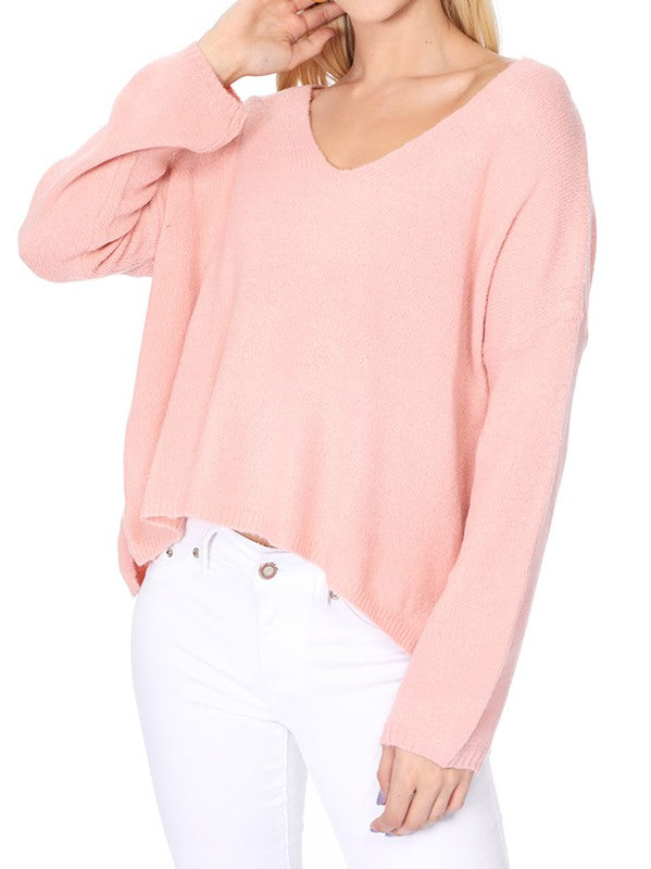 Wide V-Neck Oversized Sweater Top w. Side Slit king-general-store-5710.myshopify.com