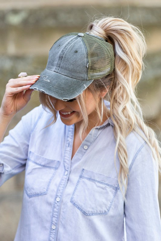 Distressed Messy Bun Hat Cap king-general-store-5710.myshopify.com