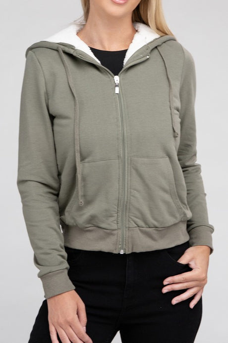 Fuzzy Trim Zip-Up Crop Hoodie king-general-store-5710.myshopify.com