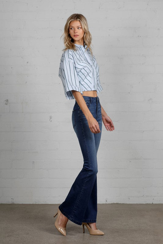 High Rise Wide Leg Flare Dark Wash Denim Jeans