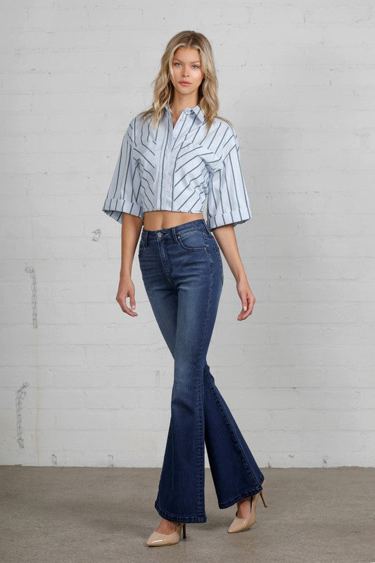 High Rise Wide Leg Flare Dark Wash Denim Jeans