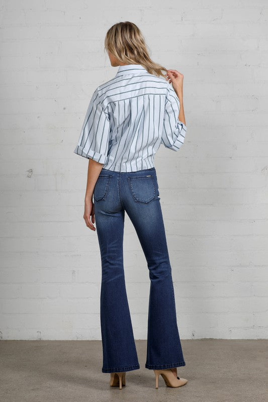 High Rise Wide Leg Flare Dark Wash Denim Jeans