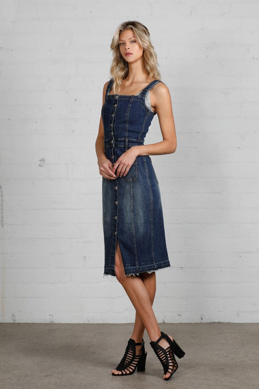 Button-Front Released Raw Hem Denim Overall Dress