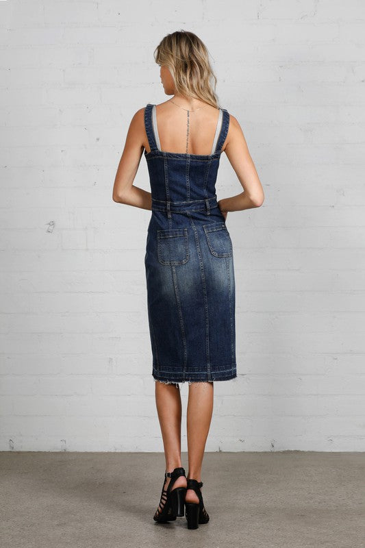 Button-Front Released Raw Hem Denim Overall Dress