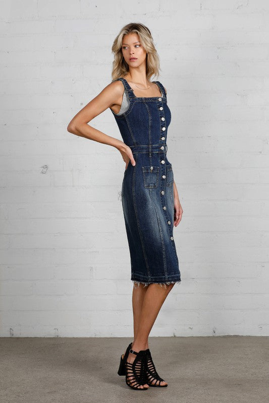 Button-Front Released Raw Hem Denim Overall Dress