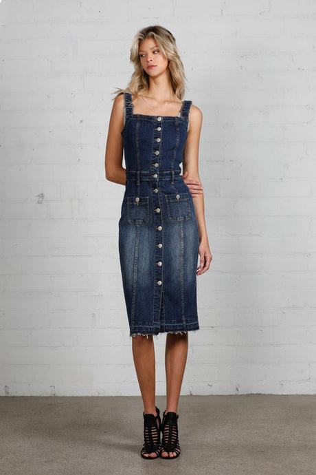 Button-Front Released Raw Hem Denim Overall Dress