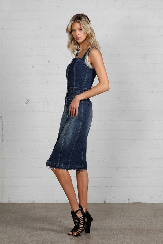 Button-Front Released Raw Hem Denim Overall Dress