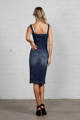 Button-Front Released Raw Hem Denim Overall Dress