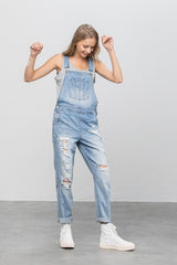 Patch Pocket Ripped Denim Overalls