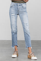 Cropped Button Closure Light Wash Denim Jeans