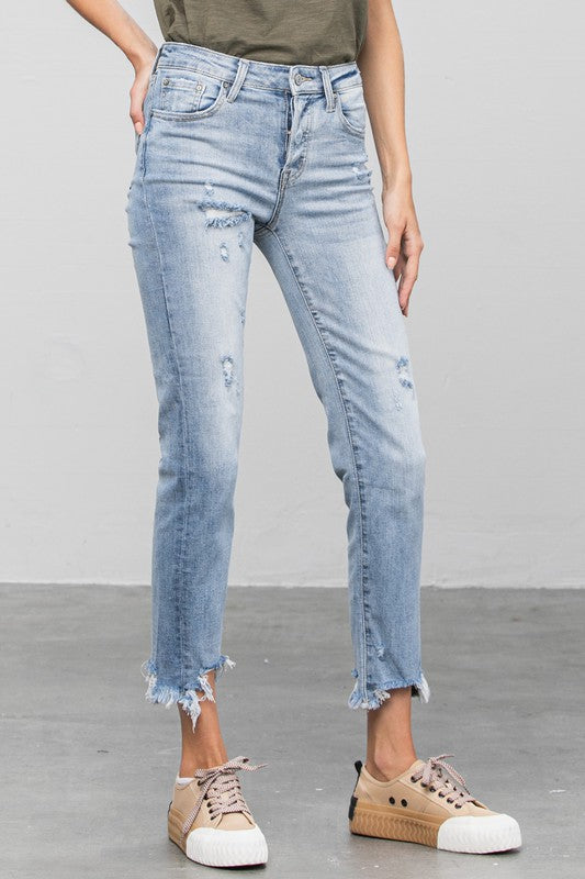 Cropped Button Closure Light Wash Denim Jeans