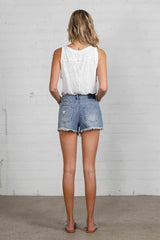 High Rise Destroyed Medium Wash Denim Shorts