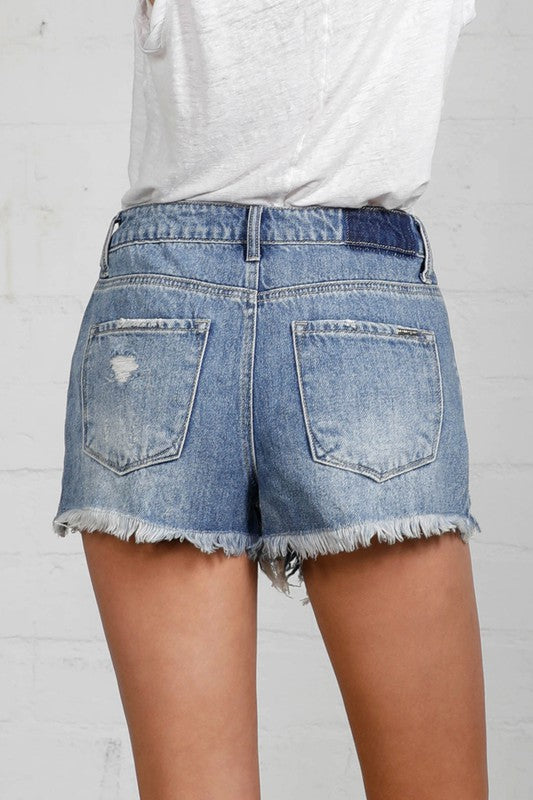 High Rise Destroyed Medium Wash Denim Shorts