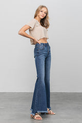 Button Fly Fray Hem Flare Jeans