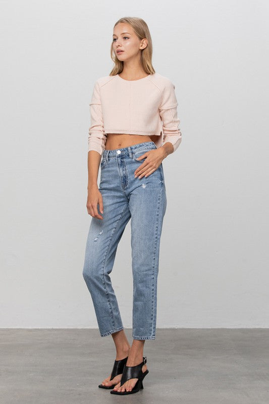 Minimal Distress Ankle-Length Medium Denim Jeans