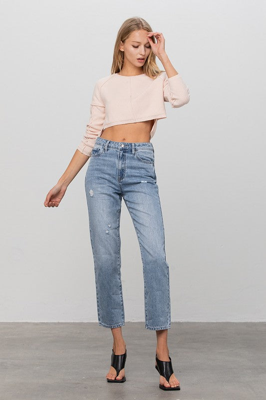 Minimal Distress Ankle-Length Medium Denim Jeans